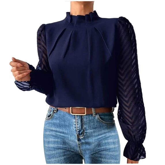 WREESH Womens Business Casual Tops Solid Spring Summer Mock Neck Lace Patchwork Long Sleeve Blouses Navy