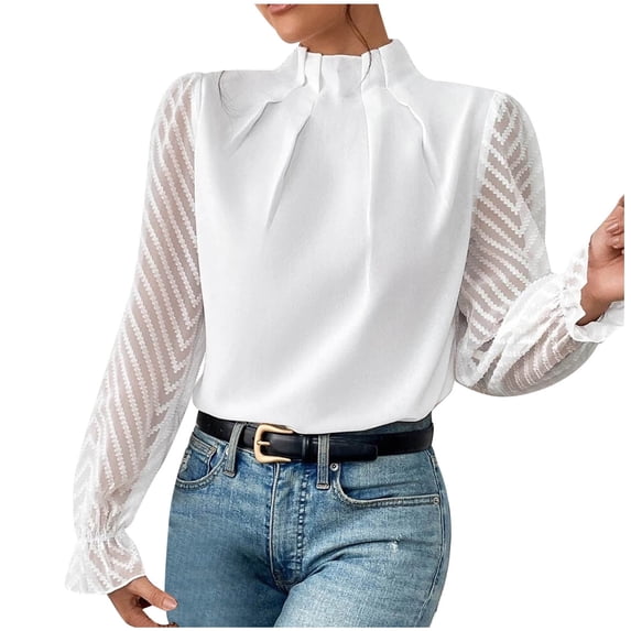 WREESH Womens Business Casual Tops Solid Spring Summer Mock Neck Lace Patchwork Long Sleeve Blouses White