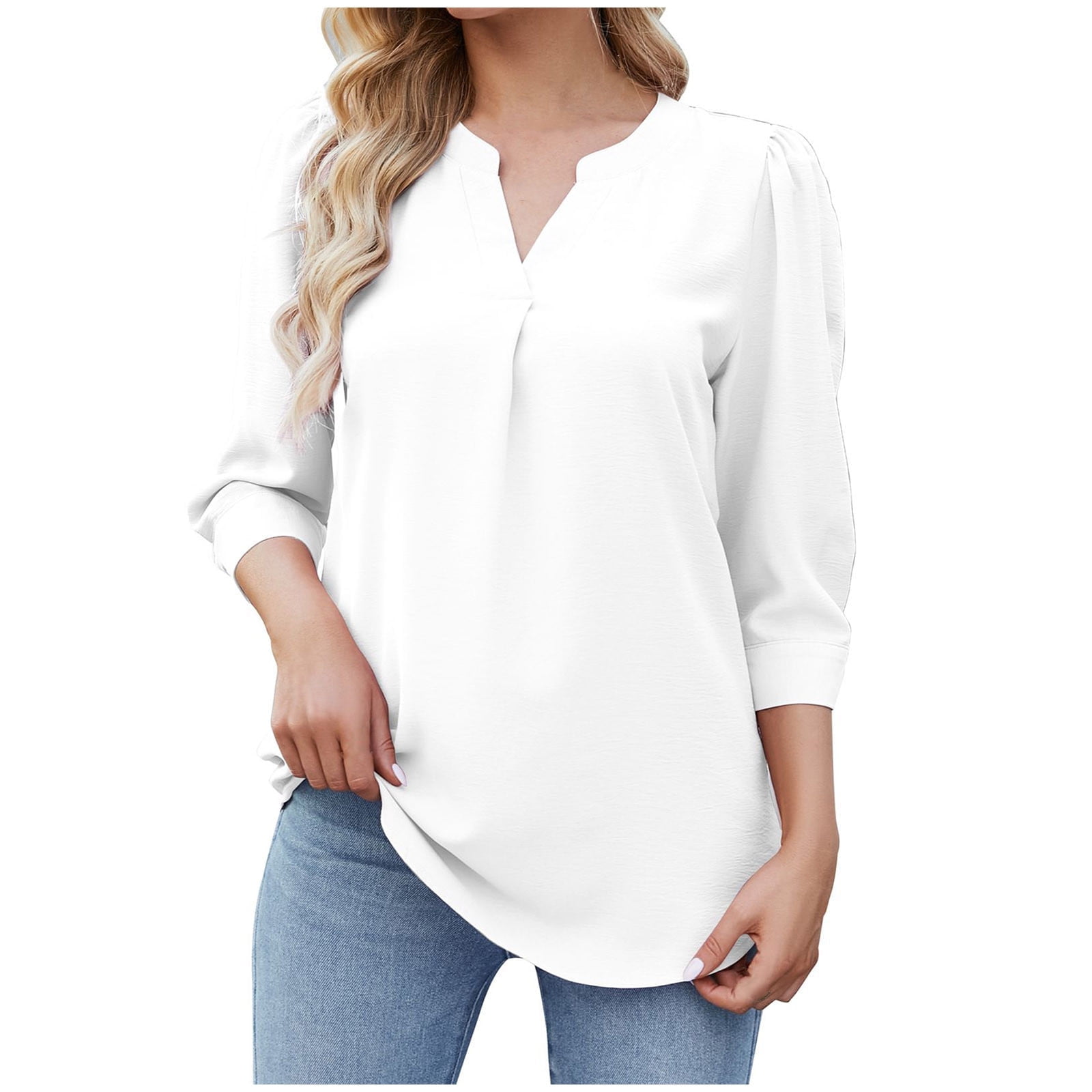 Yommay dames chiffon blouse, elegante casual losse 3/4 gerimpelde gespleten mouw V-hals zomerse blouse T-shirts, S