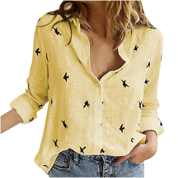 WREESH Womens Button Down Shirt Printed Casual Long Sleeves T-Shirt Linen Blouse Business Casual Tops Yellow