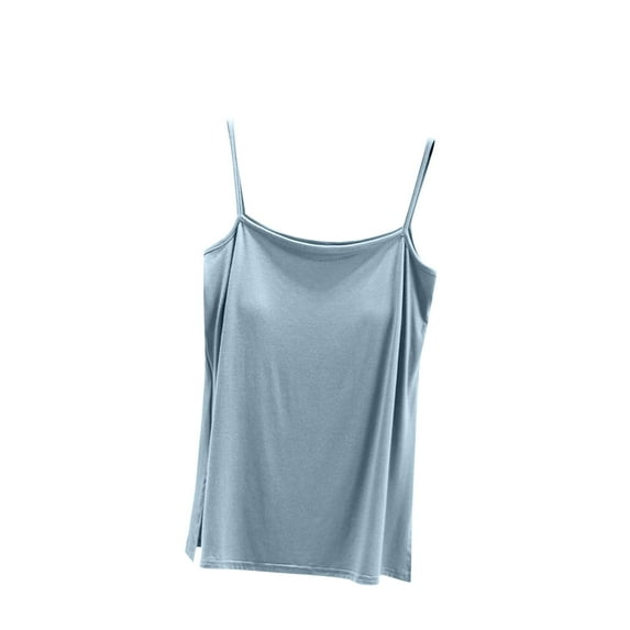 WREESH Womens Camisole Summer Leisure Fashion Solid Color Inner Layup with Chest Cushion and Suspender Round Neck Top Light Blue