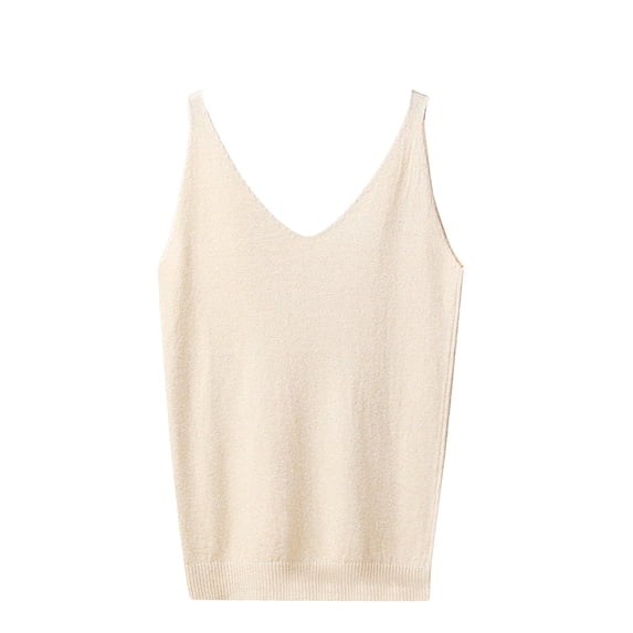 WREESH Womens Camisole Tops Summer Solid Sleeveless V Neck Tank Top Slim Knit Cami Blouses Beige