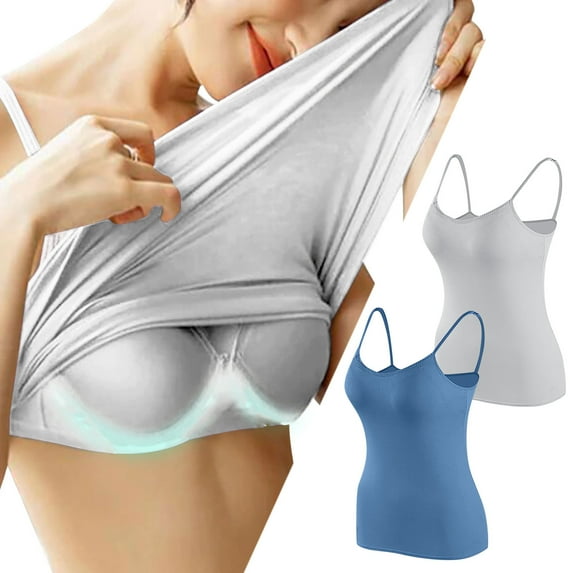 WREESH Womens Camisoles Tops with Built In Padded Bra Spaghetti Strap Tank Top Basic Breathable Undershirt 2 Pack Blue