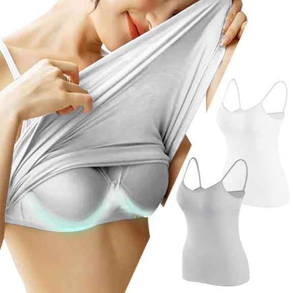 WREESH Womens Camisoles Tops with Built In Padded Bra Spaghetti Strap Tank Top Basic Breathable Undershirt 2 Pack Gray
