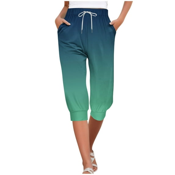WREESH Womens Capri Pants Casual Elastic Tie Waist Loose Long Pants with Pocket Capris Blue