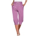 thumbnail image 1 of WREESH Womens Capri Pants Casual Elastic Tie Waist Loose Long Pants with Pocket Capris Purple, 1 of 6