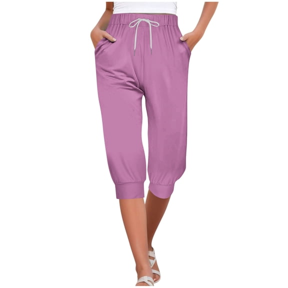 WREESH Womens Capri Pants Casual Elastic Tie Waist Loose Long Pants with Pocket Capris Purple