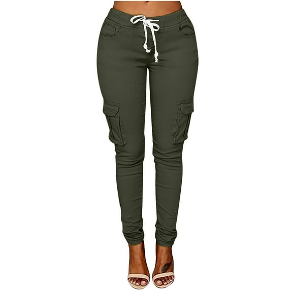WREESH Womens Cargo Leggings with Pockets Fashion Drawstring Pants Solid Elastic Waist Yoga Pants Stretch Tapered Joggers Pants Running Lounge Hiking Olive Green