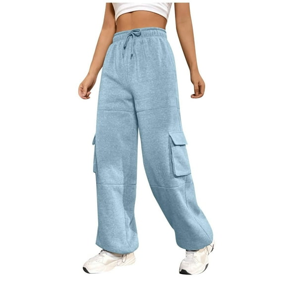 WREESH Womens Cargo Sweatpants Fashion Casual Loose Solid Trousers Pockets Elastic Waist Long Pants Sky Blue