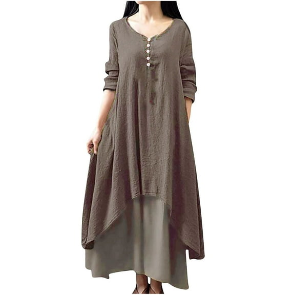WREESH Womens Casual Cotton Linen Maxi Dress Plus Size Round-Neck Solid Long Dress Helf Sleeve Buttons Dress Brown