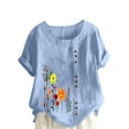 thumbnail image 1 of WREESH Womens Casual Cotton Linen Shirts Round Neck Short Sleeve Flower Printing Loose Summer Shirt Tops Light Blue, 1 of 5