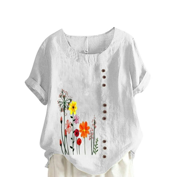 WREESH Womens Casual Cotton Linen Shirts Round Neck Short Sleeve Flower Printing Loose Summer Shirt Tops White