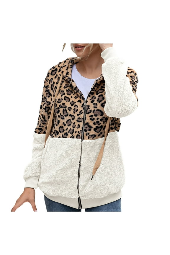 Womens Casual Double Fuzzy Sweatshirt Faux Fleece Zip Up Pullover Hoodies Coat Leopard Outwear with Pockets White