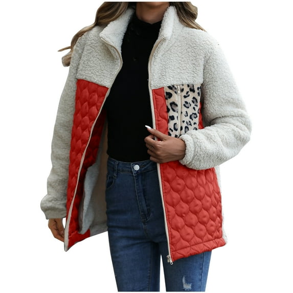 WREESH Womens Casual Fleece Jackets Fuzzy Patchwork Zipper Jacket Coat Loose Long Sleeve Stand Collar Outerwear with Zip Chest Pocket Red