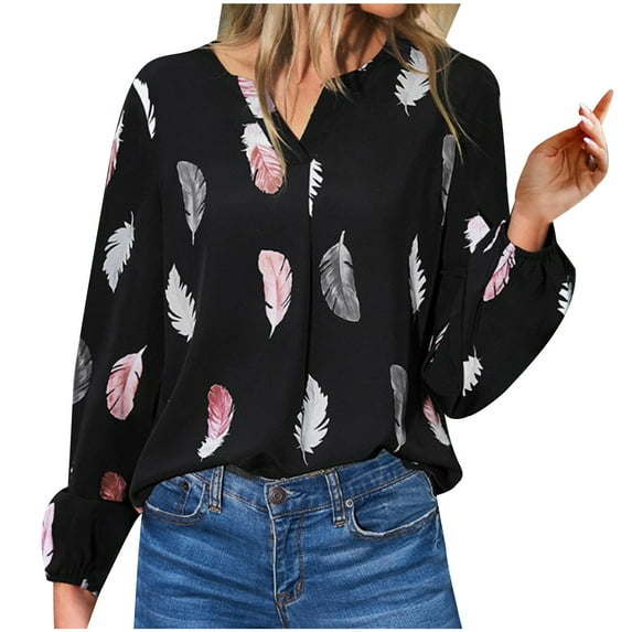 WREESH Womens Casual Long Sleeve Shirts V Neck Tunic Tops Feather Printed T-Shirts Loose Chiffon Work Blouse Black
