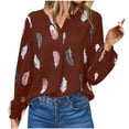 thumbnail image 1 of WREESH Womens Casual Long Sleeve Shirts V Neck Tunic Tops Feather Printed T-Shirts Loose Chiffon Work Blouse Wine, 1 of 4