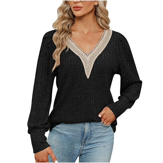 WREESH Womens Casual Loose Sweater Trendy Guipure Lace Panel V Neck Pullover Pointelle Knit Sweater Fall Long Sleeve Tunic Tops Black
