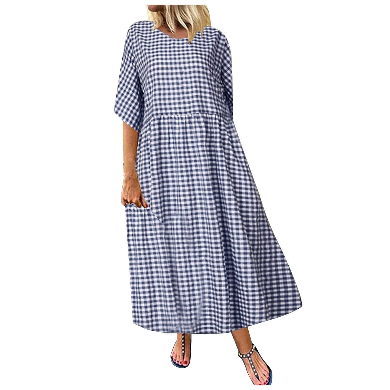 WREESH Womens Casual Maxi Dress Plus Size Plaid Printed Loose Round-Neck Long Dress Blue WREESH Womens Casual Maxi Dress Plus Size Plaid Printed Loose Round-Neck Long Dress Blue