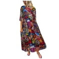 thumbnail image 1 of WREESH Womens Casual Maxi Dress Plus Size Plaid Printed Loose Round-Neck Long Dress Wine, 1 of 5