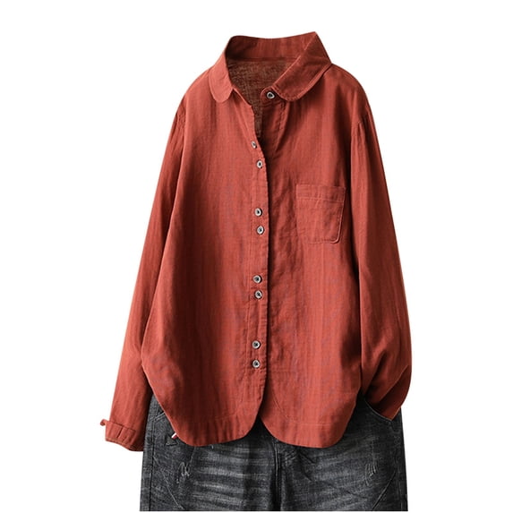 WREESH Womens Casual Oversized Button Down Shirts Solid Color T-Shirt Long Sleeve Cotton and Linen Tops Blouse Red