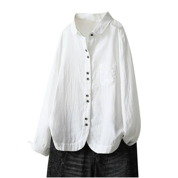WREESH Womens Casual Oversized Button Down Shirts Solid Color T-Shirt Long Sleeve Cotton and Linen Tops Blouse White