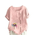 thumbnail image 1 of WREESH Womens Casual Summer Cotton Linen Shirts Loose Print Regular Button Round Neck Short Sleeve Short Sleeves Top Pink, 1 of 5