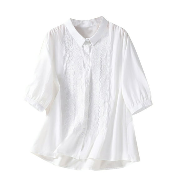 WREESH Womens Casual Vintage Embroidery Blouses Solid Loose T-Shirt Half Sleeve Button Shirts Cotton and Linen Tops White