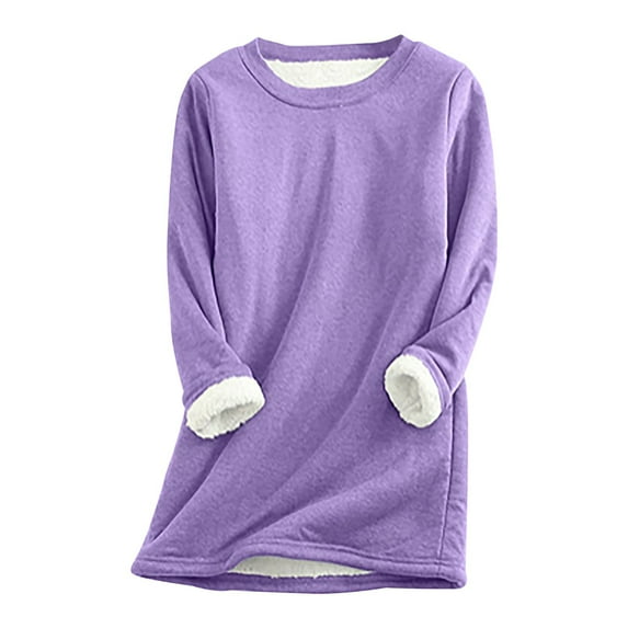 WREESH Womens Christmas Fleece Lined Sweatshirts Plus Size Crewneck Pullover Fall Winter Solid Color Tunic Tops Thickened Plush Warm Blouses Long Sleeve Bottoming Shirt Loungewear Purple
