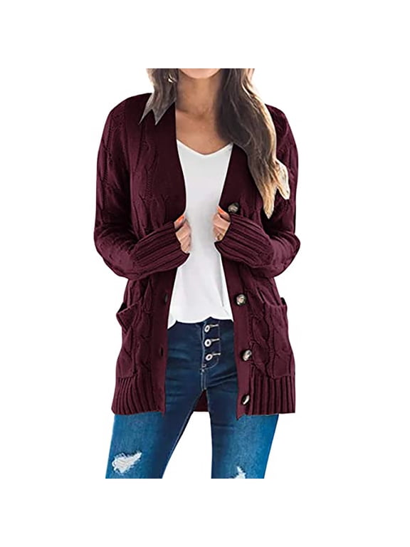 Womens Chunky Cable Knit Cardigan Solid Color Button Open Front Sweater Casual Lightweight Cardigan With Pockets Wine