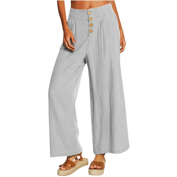 WREESH Womens Cotton Linen Pants Casual Solid High Waist Loose Pocket Straight Buttons Long Pants Gray