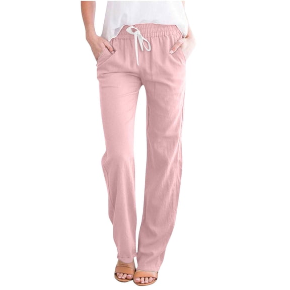 WREESH Womens Cotton Linen Pants Casual Wide Leg Pants Solid Elastic Waist Loose Long Pants with Pocket Pink