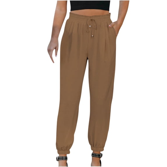 WREESH Womens Cotton Linen Pants Color and Drawstring Elastic Waist Long Straight Pants Brown