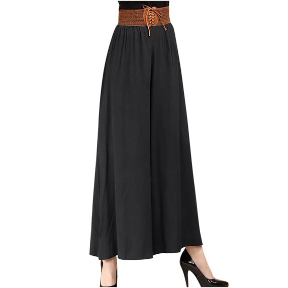 WREESH Womens Cotton Linen Pants Fashion Comfortable Casual Loose Comfortable Belt Lace Fold Pants Black