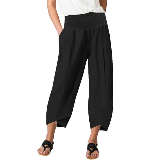 WREESH Womens Cotton Linen Pants Fashion Fitness Sport Relaxed Loose Elastic Waist Long Sweatpants Solid Color Bound Feet Black
