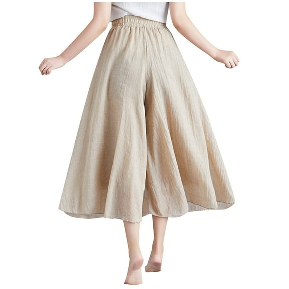 WREESH Womens Cotton Linen Pants Fashion Summer Casual Loose Elastic Waist Comfy Trousers Pants Khaki