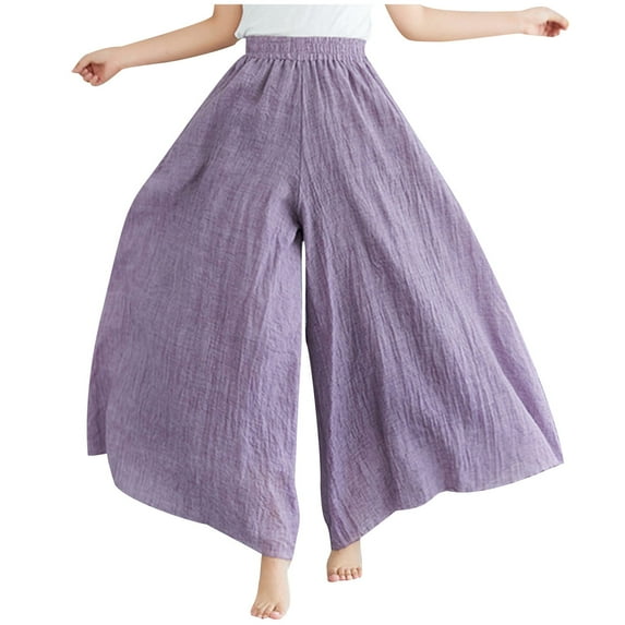 WREESH Womens Cotton Linen Pants Fashion Summer Casual Loose Elastic Waist Comfy Trousers Pants Purple