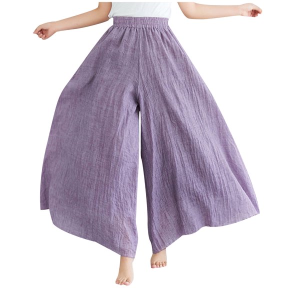 WREESH Womens Cotton Linen Pants Fashion Summer Casual Loose Elastic Waist Comfy Trousers Pants Purple
