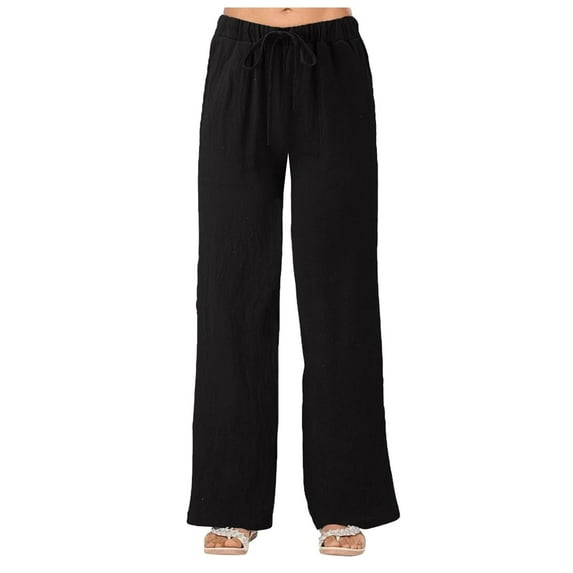 WREESH Womens Cotton Linen Pants Fashion Summer Casual Loose Elastic Waist Comfy Trousers Pockets Pants Black