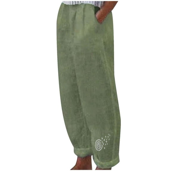 WREESH Womens Cotton Linen Pants Fashion Summer Casual Loose and Pocket Print Trousers Pants Olive Green