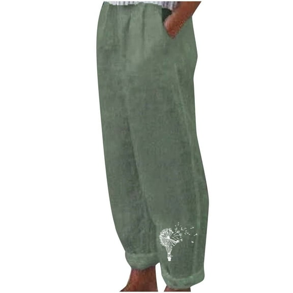 WREESH Womens Cotton Linen Pants Fashion Summer Casual Loose and Pocket Printtrousers Pants Green