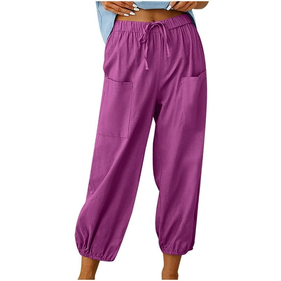 WREESH Womens Cotton Linen Pants Fashion Summer Casual Loose and Pocket Trousers Pants Hot Pink