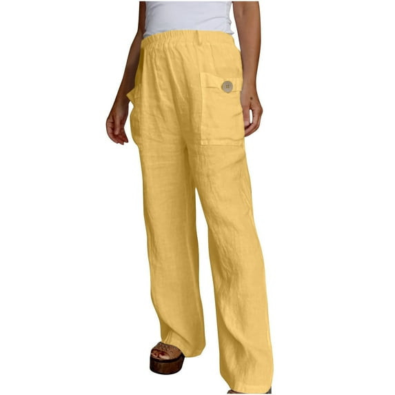 WREESH Womens Cotton Linen Pants Solid Color High-Waist Loose Wide Leg Pants Yellow