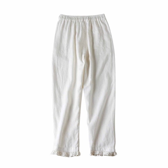 WREESH Womens Cotton Linen Pants Solid Color Pocket Lace Splicing Lantern Trousers White