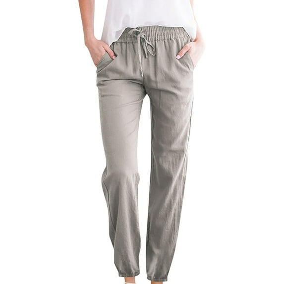 WREESH Womens Cotton Linen Pants Solid Color and Drawstring Elastic Waist Long Straight Pants Gray