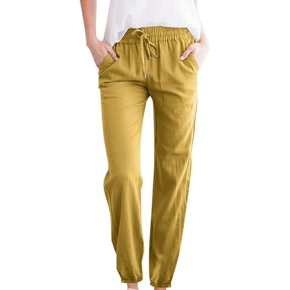 WREESH Womens Cotton Linen Pants Solid Color and Drawstring Elastic Waist Long Straight Pants Yellow
