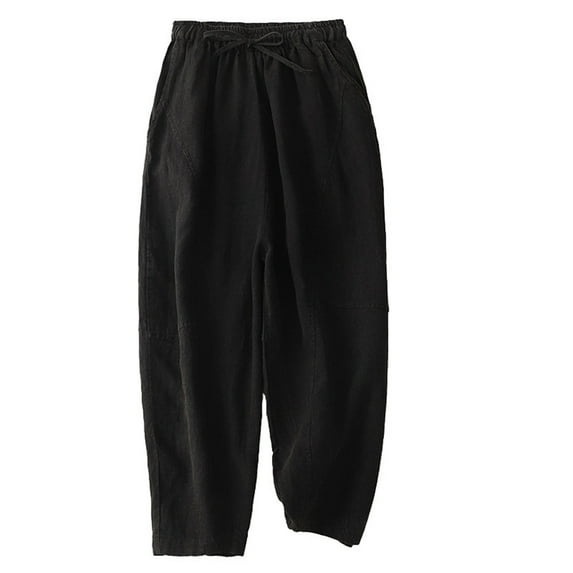 WREESH Womens Cotton Linen Pants Solid Elastic Embroidered Capris Pants Black