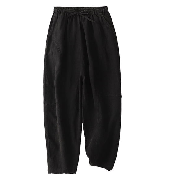 WREESH Womens Cotton Linen Pants Solid Elastic Embroidered Capris Pants Black