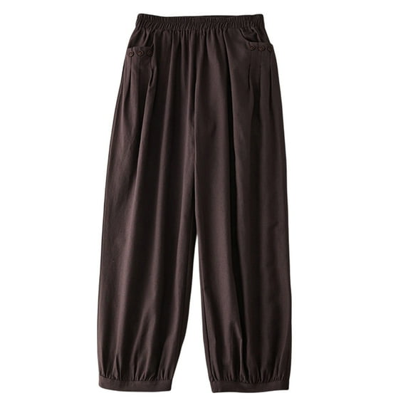 WREESH Womens Cotton Linen Pants Solid Elastic Embroidered Capris Pants Coffee