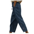 thumbnail image 1 of WREESH Womens Cotton Linen Pants Solid Fashion Lace Relaxed Bandage Pocket Button Waist Full Length Pants Blue, 1 of 9