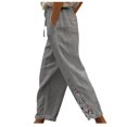 thumbnail image 1 of WREESH Womens Cotton Linen Pants Solid Fashion Lace Relaxed Bandage Pocket Button Waist Full Length Pants Gray, 1 of 9